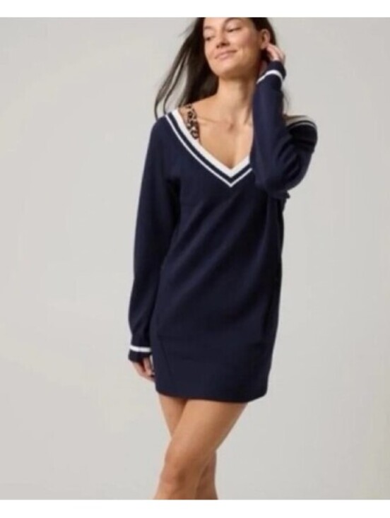 aerie Dresses & Skirts - aerie Navy Blue V‑Neck Mini Dress with White Trim like new - medium